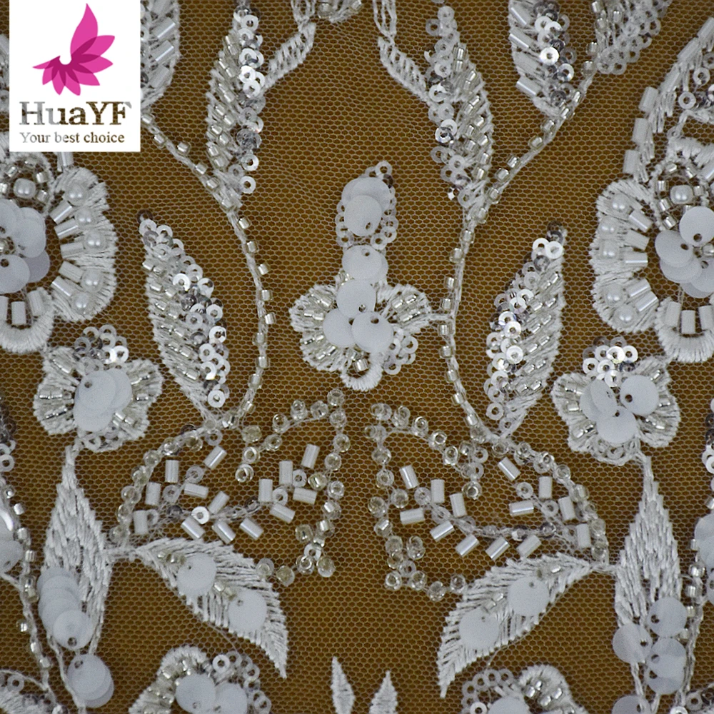 New Best Sale African White Embroidery Wedding 3D Beaded Sequin Lace Bridal Dress Fabric 5 Yards HY2197