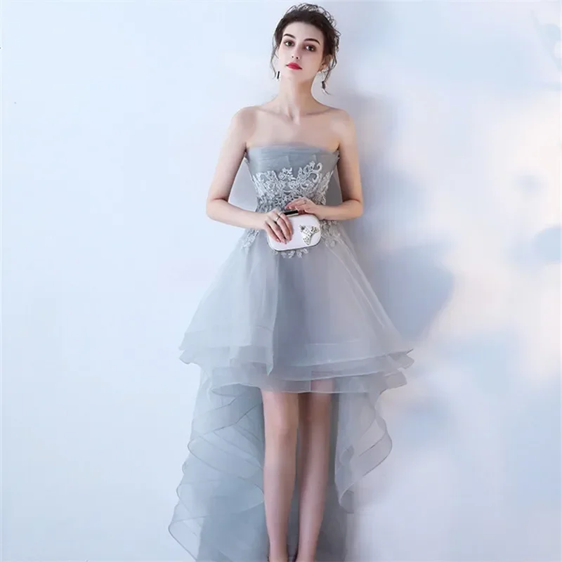 Customization It\'s Yiiya Evening Dress Gray Tulle Strapless Asymmetrical Famous Designer Plus size Women Party Formal Gown LX220