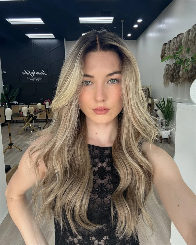 New Natural Dark Highlights Golden Blonde Wig Synthetic Lace Front Wig Glueless Pre Plucked Heat Resistant Fibre Long Wig Sale