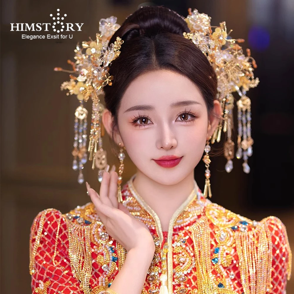 HIMSTORY Elegance Chinese Crystal Yellow Flower Wedding Headpiece Xiuhe Dress Head Accessories