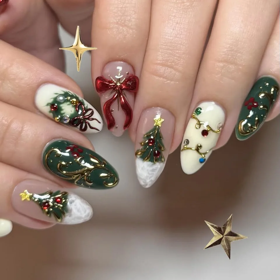 2026 Christmas False Nails Colorful Winter Party Style Almond Press on Nails Snow Star Design False Nails Wearable Reusable