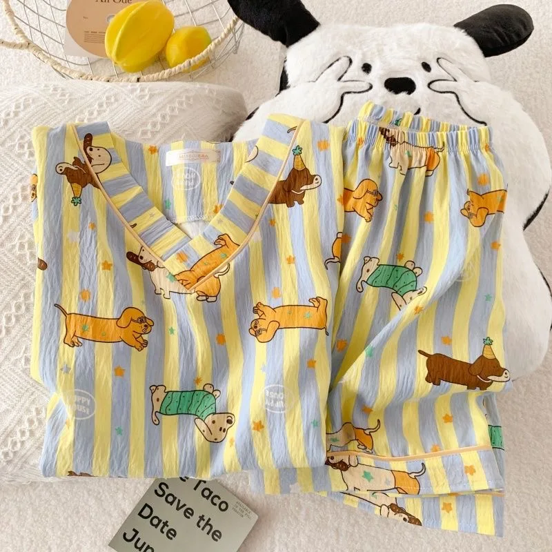 

100% Cotton Pajamas Sets Cute Stripe Dog Printed Women Summer PJ Set Loungewear Y2K Girl Korean Kawaii V-neck Sleepwear Homewear
