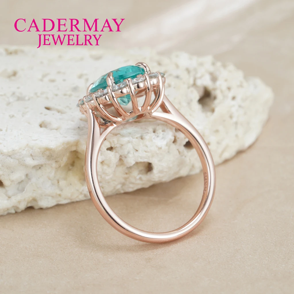 Cadermay Lab Paraiba Rings 925 Silver Oval Shape Neon Blue Green YAG With Moissanite Wedding Engagement Halo Ring's Women Gift
