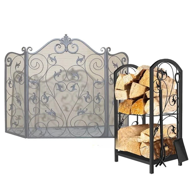American floor-to-ceiling wrought iron multi-layer firewood storage rack, new fireplace, shovel, brush, firewood tool display