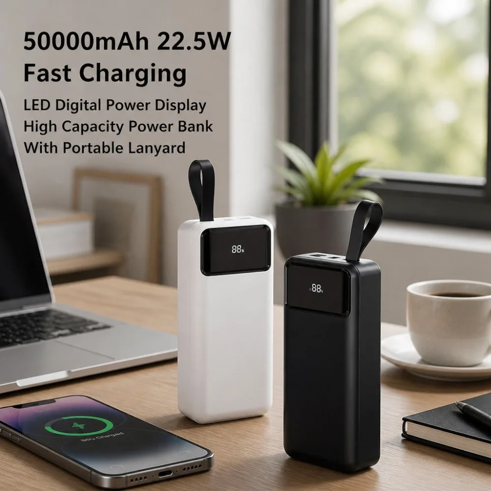 High Capacity 50000mAh 22.5W Fast Charging External Battery Pack LED Display Lanyard Design For All Smartphones
