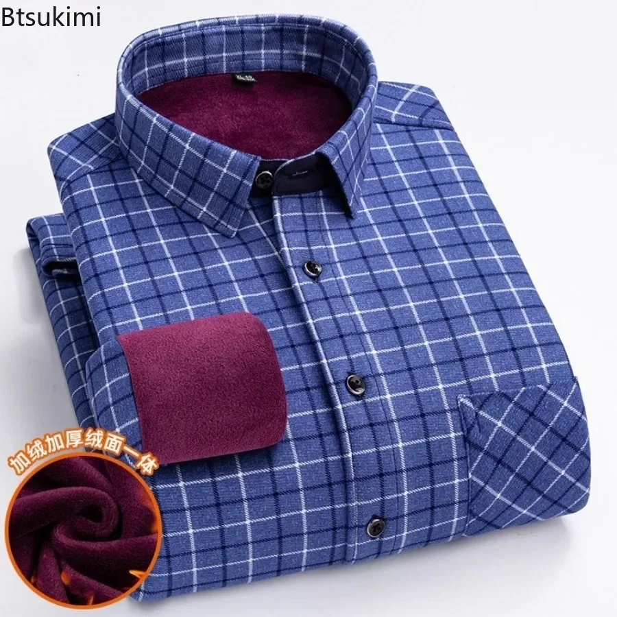 2024 Men's Casual Warm Flannel Shirts Top Autumn Winter Long Sleeve Plaid Shirt Thick Fleece Lined Soft Warm Dress Shirt L-5XL