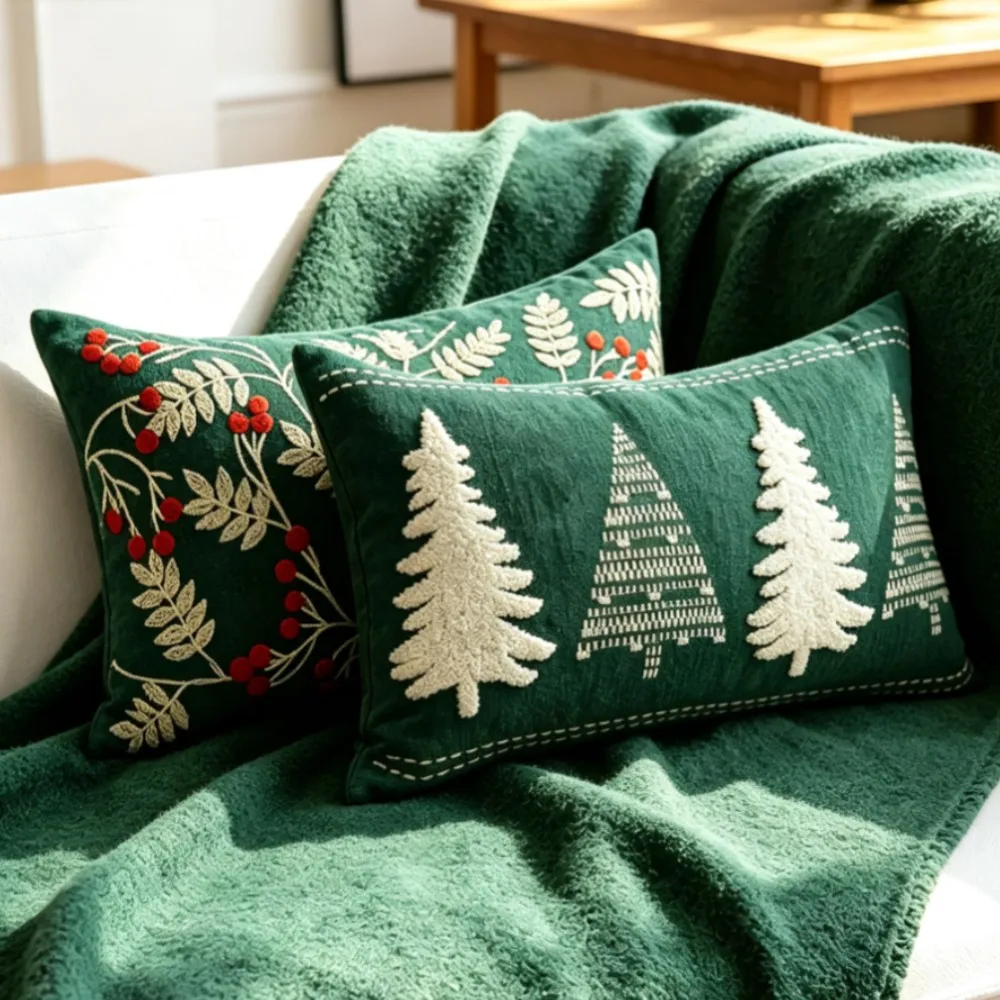 Christmas Tree Holly Berry Embroidered Chenille Pillow Cover Festive Green Berry Motifs Cozy Cushion Case Sofa Bed 45x45 30x50cm