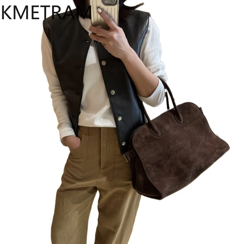 

KMETRAM Real Sheepskin Vest Women O-Neck Casual Waistcoat Autumn Sleeveless Genuine Leather Jacket Woman Clothing 2026 jaqueta