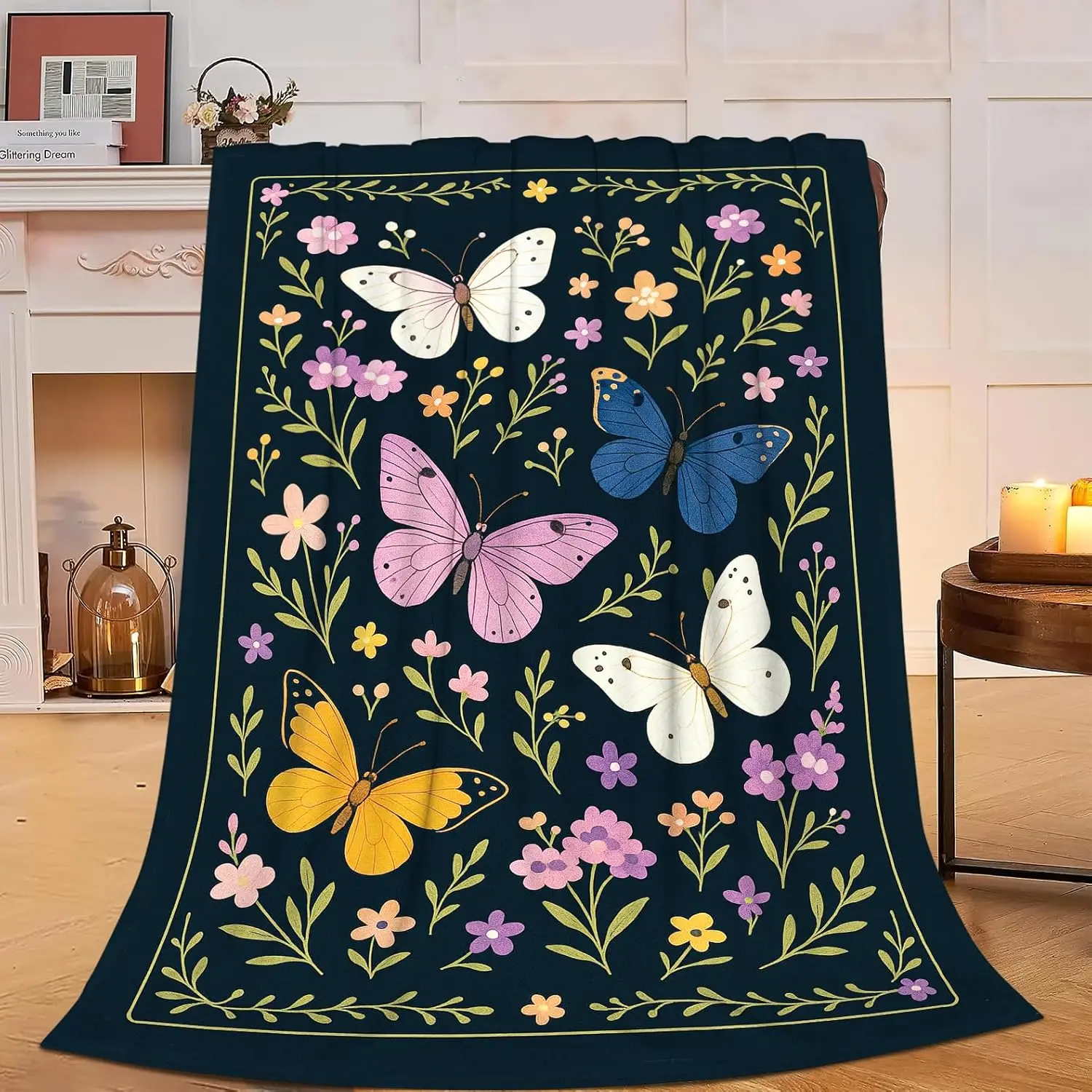 Butterfly Throw Blanket Beautiful Floral Botanical Butterflies Blanket Fleece Soft Cozy Fuzzy Plush Warm Stuff Bedding Blankets
