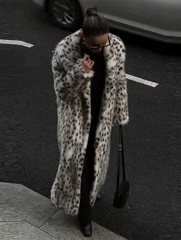 Image Vintage Leopard Print Faux Fur Winter Long Coats Women Thicken Warm Maxi Coat Female 2024 Casual High Street Lady Loose Outwears