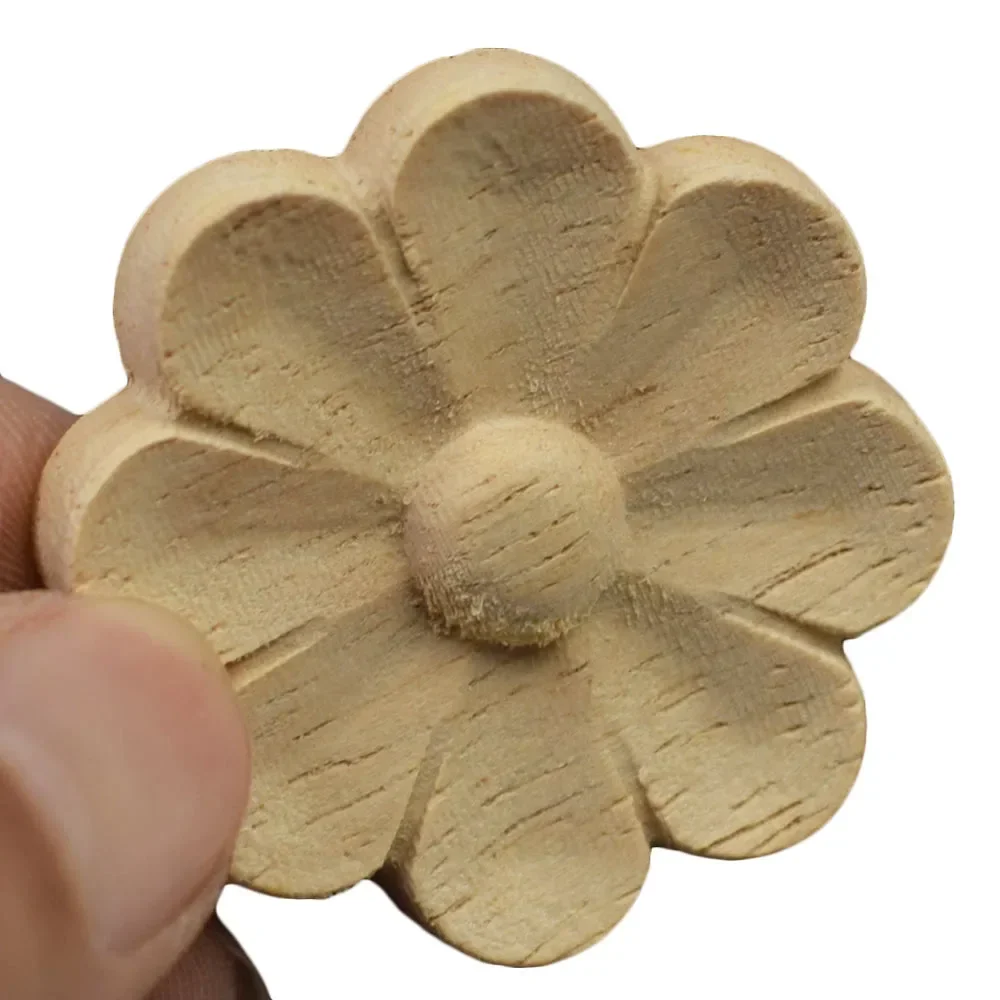 6PCS 4/5/6cm Round Wood Carved Applique Retro Furniture Crafts Decor Wooden DIY Vintage Home Decoration Wood Figurine Craft