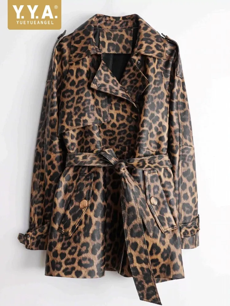 Top Quality Autumn Winter Leopard Print Women Genuine Leather Jacket Mid Long Real Sheepskin Coat Windbreaker Slim Fit Jackets