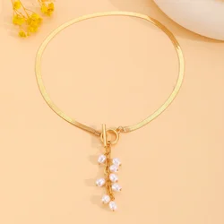 Trendy Design Imitation Pearl Tassel Necklace Vintage Flat Snake Bone Chains Sexy Clavicle Necklaces Court Style Neck Jewelry