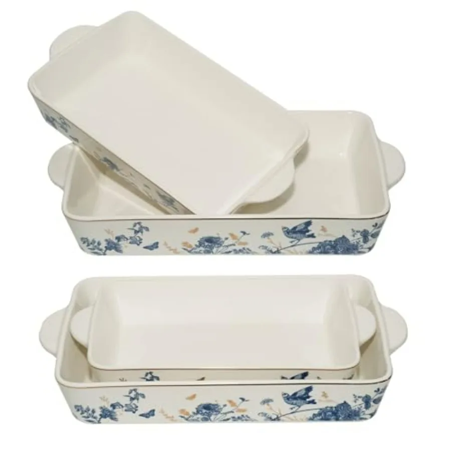 طقم مقالي خبز مكون من 2 زهرة زرقاء 14 بوصة سيراميك للفرن طقم أطباق خبز كسرول كبير مع مقابض أطقم خبز بورسلين C