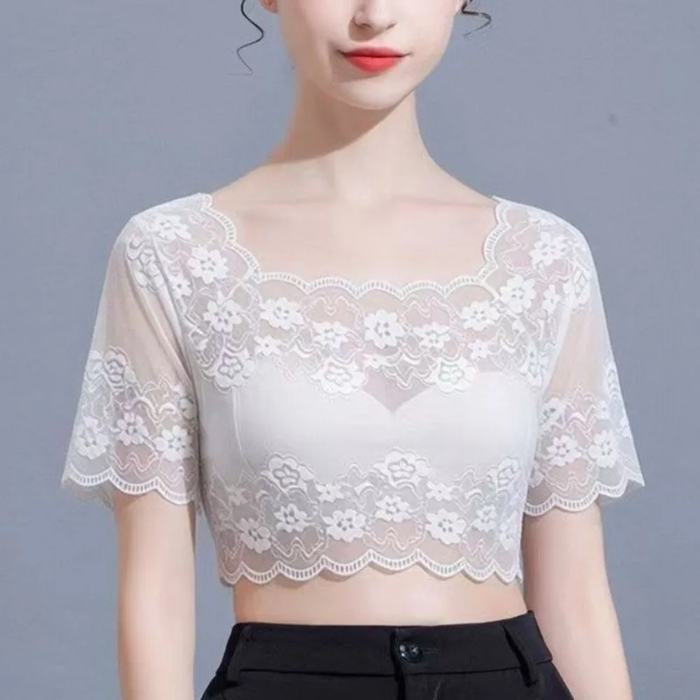 Cool Nylon Lace Short Sleeve Top Thin Light Fabric Short Sleeve Hollow Out Layering Tee Breathable Sling Dress Cover Up Women