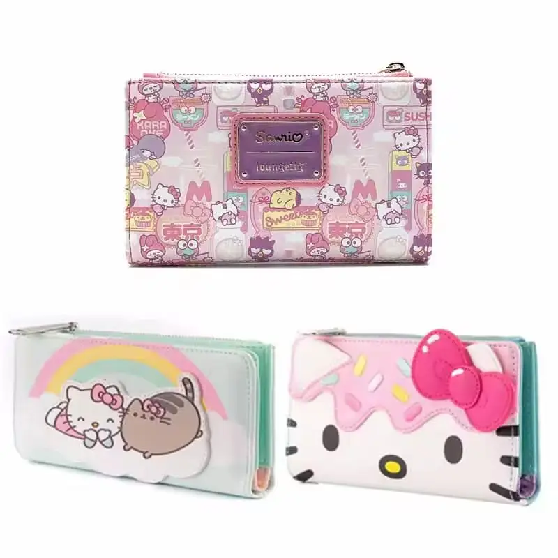 

Новинка 2025 года, кошелек Hello Kitty, кошелек-клатч Loungefly, женский кошелек для взрослых, подарок на день рождения, сумка для карт, двойной складной розовый кошелек для монет