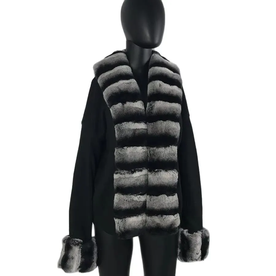 

Женский кашемировый кардиган с воротником из натурального меха кролика рекс с рукавами-кардиганом из меха летучей мыши