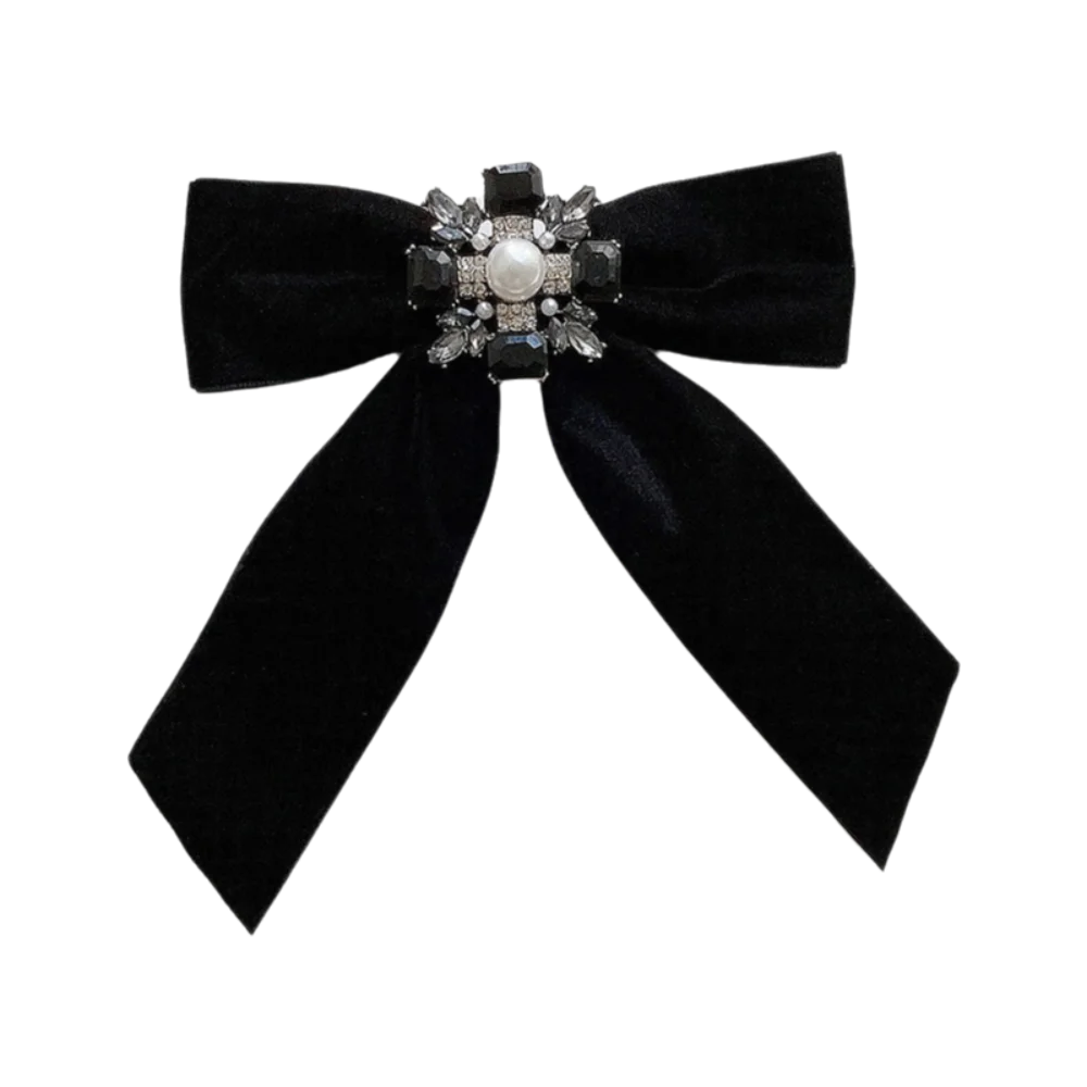 Black Memorial Black Bowknot Brooches Velvet Crystal Rhinestone Ribbon Bowtie Brooch Shirt Collar Pin For Funerals and Mourning
