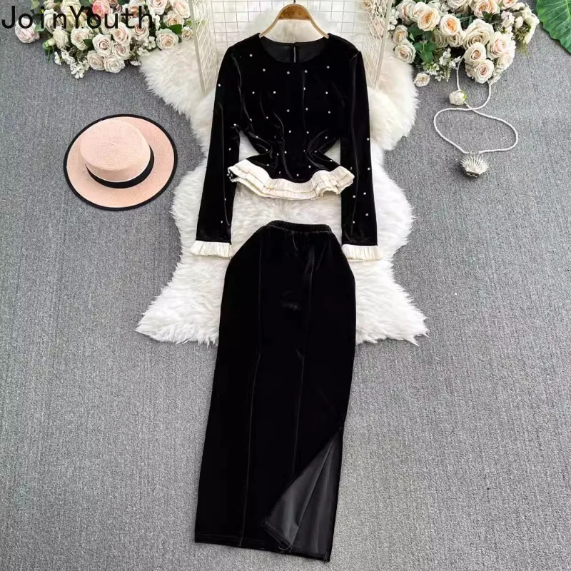 2 Piece Sets Womens Outfits Temperament Vintage Clothing Diamond Tunic Crop Blouses High Waist Bodycon Skirt Suit Velvet Set