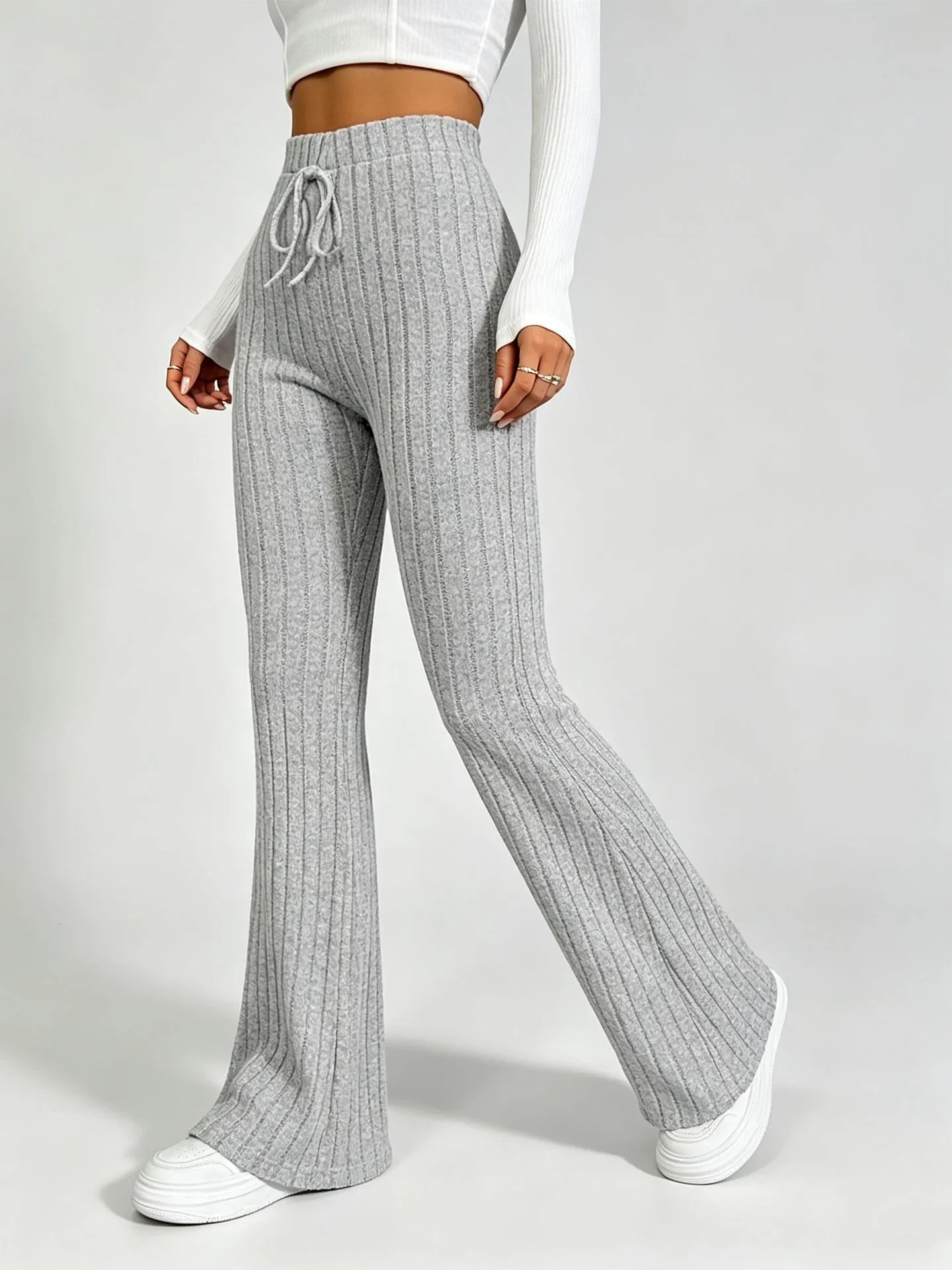 Solid Color High Waist Drawstring Bell Bottom Pants, Knitted Casual Yoga Long Pants, Comfortable Leisure Wear for Women