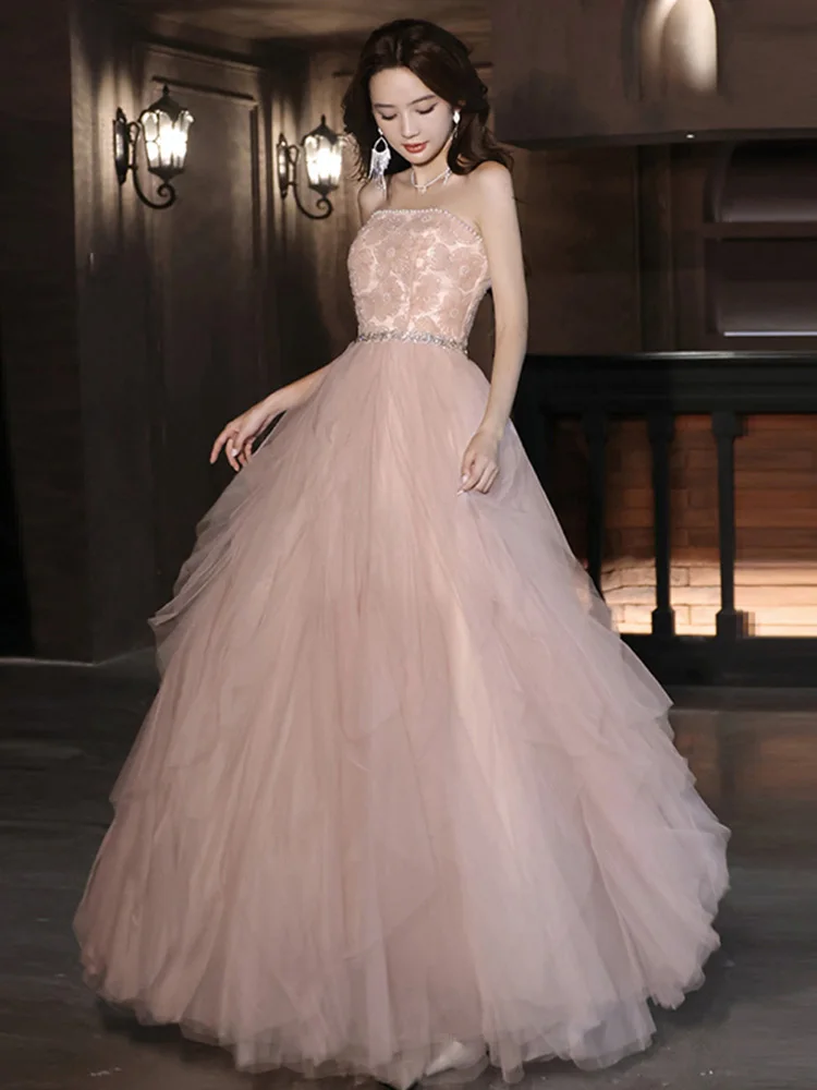 Luxury Strapless Floral Evening Dress Women Pearl Beading Pink Tulle Layered Princess Dresses Lady Stage Formal Party Ball Gown