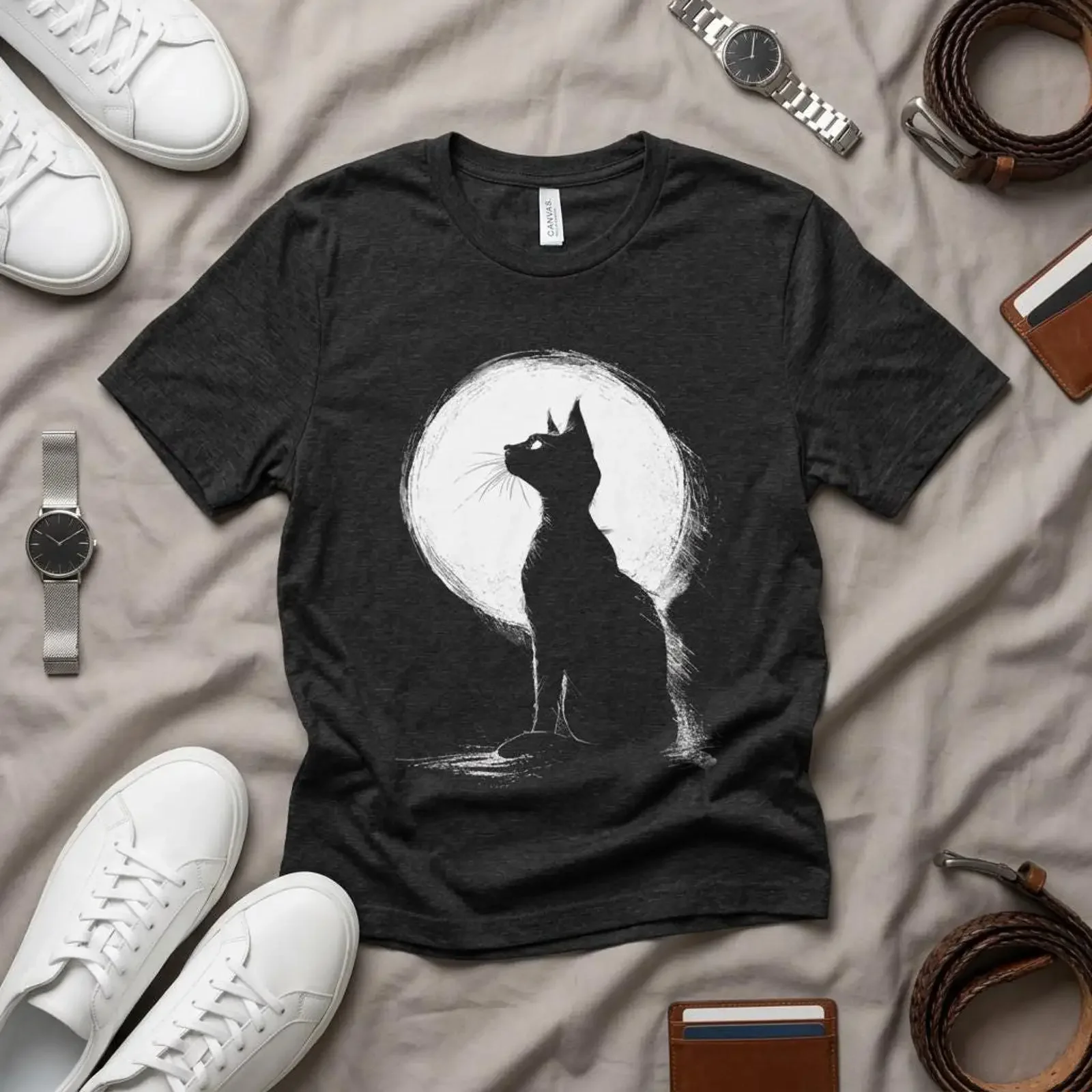 Black Cat Moonlight T Shirt Gothic Kitten Silhouette Witchy Night vintage Washed Breathable Stretched graphic Versatile