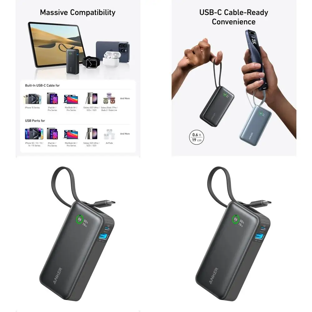 

Компактный внешний аккумулятор на 10 000 мАч с кабелем USB-C, двухпортовая зарядка 30 Вт для iPhone, MacBook и других устройств