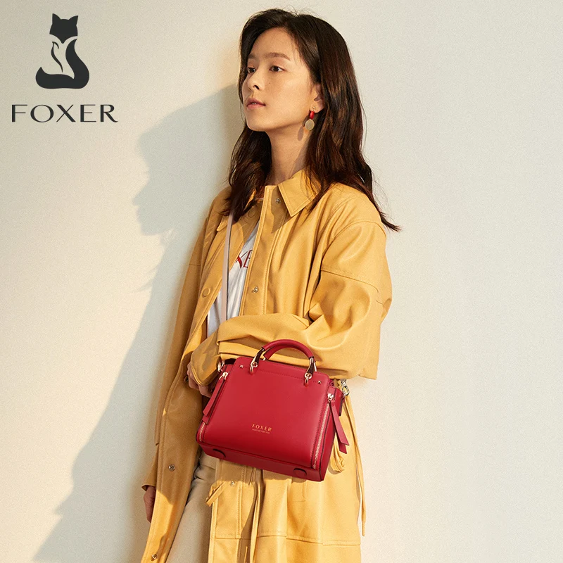 FOXER Split Leather Shoulder Bag Women Top Handle Handbag Female Large Capacity Tote Bag Simple Luxury Crossbody Purse