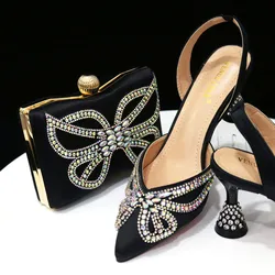 African Mid Heels Shoes e Bag Set para Casamento, Bolsa de Correspondência, Design Italiano, Cor Preta, Nova Chegada