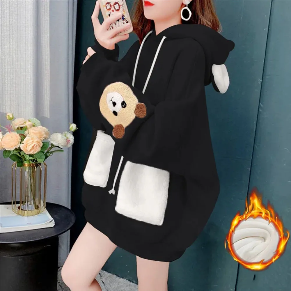 Quality Autumn Winter Lamb Hoodies Women Kawaii Plush Sweatshirt Jacket Warm Hooded Ear Female Cute Bear Print Sweatshirts Coats