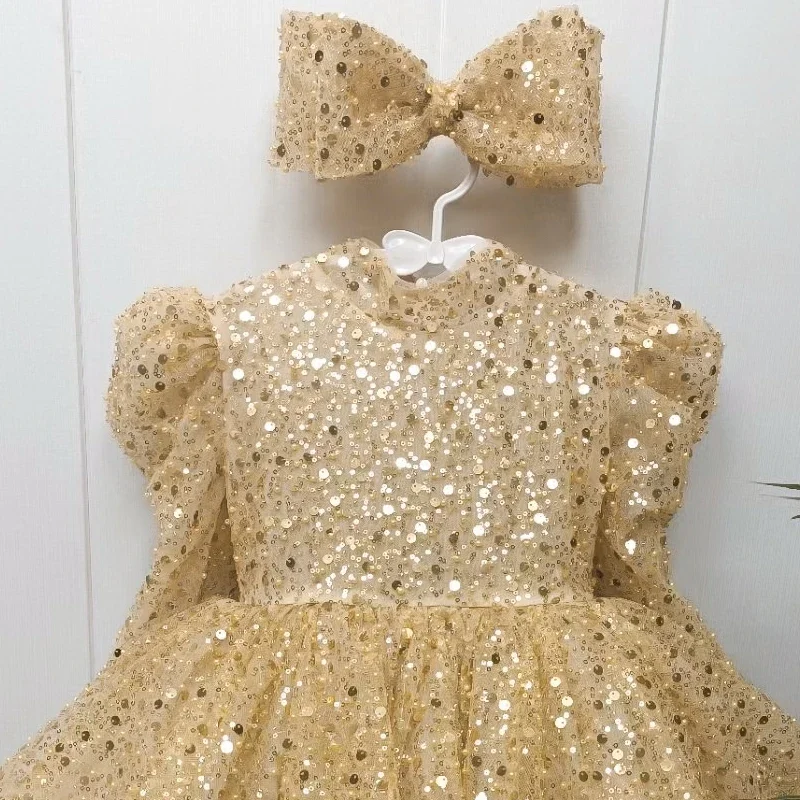 Children's Formal Pageant Prom Dresses for Girls Birthday Party Golden Ball Gowns Kids Cute Princess Luxury Evening Short Dress