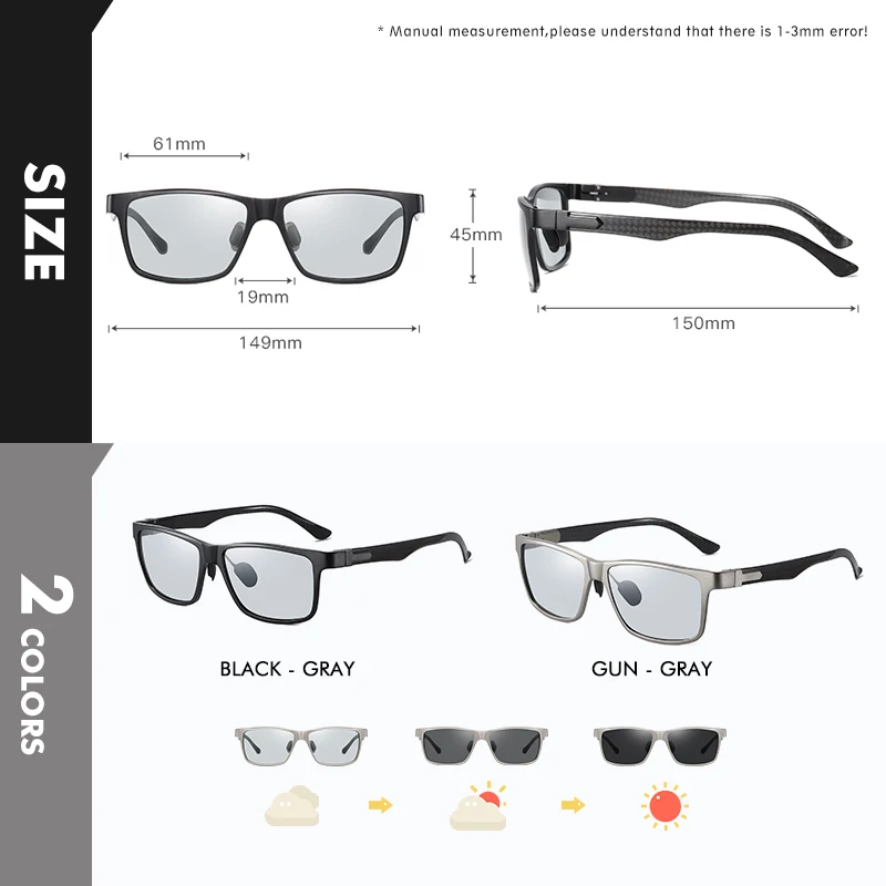 Top Quality Carbon fiber Square Polarized Sunglasses Men Driving Photochromic Lens Outdoor Sport Goggles Travel Sun glasses