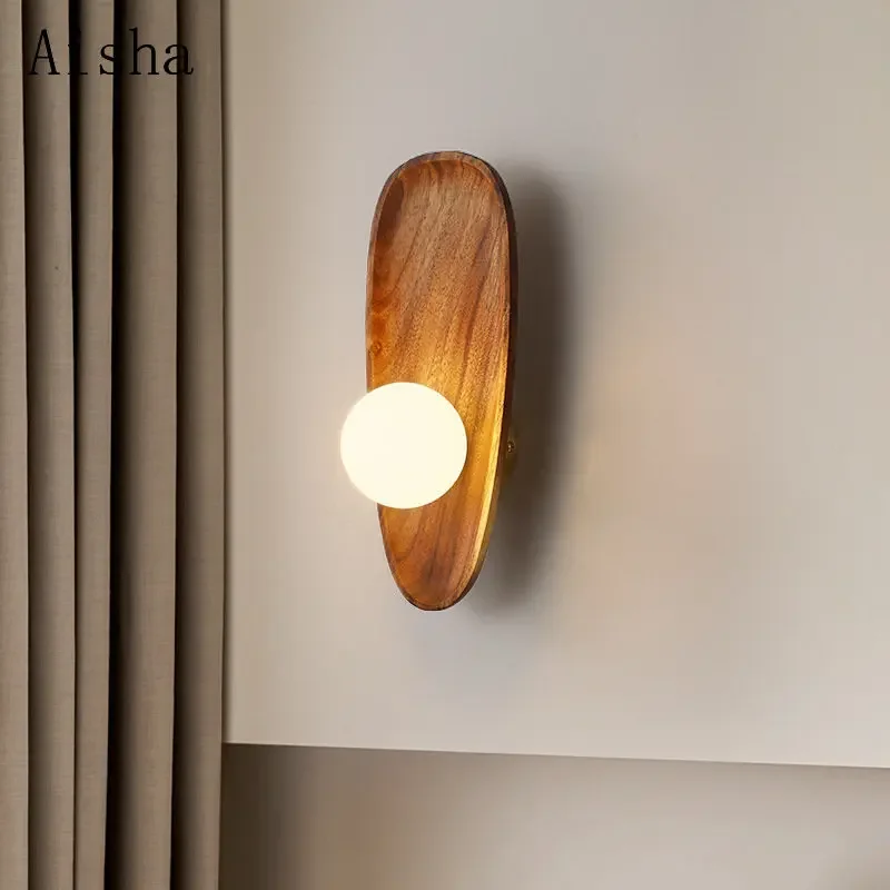 Imagem -04 - Walnut Wood Wall Lamp Budista Mood Bedroom Living Room Led Decorativo Wall Light Simples Sólida Madeira Corredor Iluminação Interior