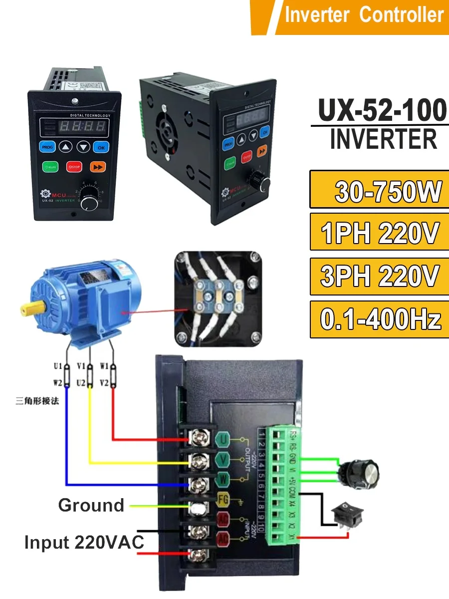 

Inverter Speed Controller 30W to 750W universal 220VAC Frequency Converter LED display used for Three-phase Asynchronous Motor