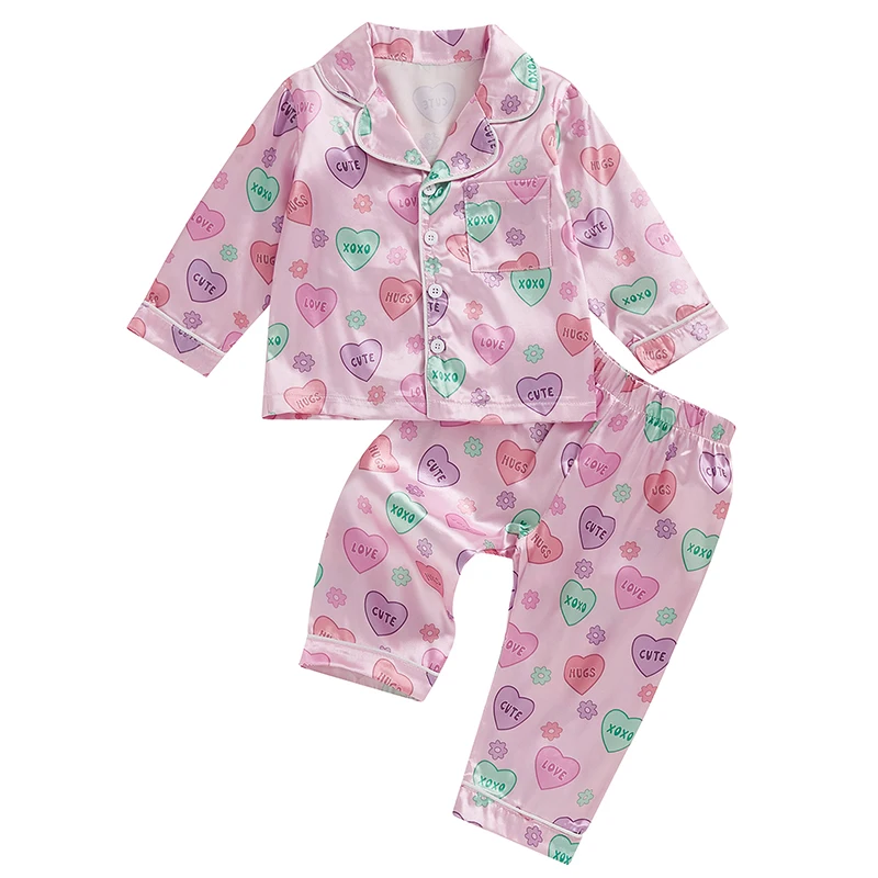 Baby Girl Valentine’s Day Pajamas Long Sleeve Heart Print Tops + Pants Set Toddler Sleepwear