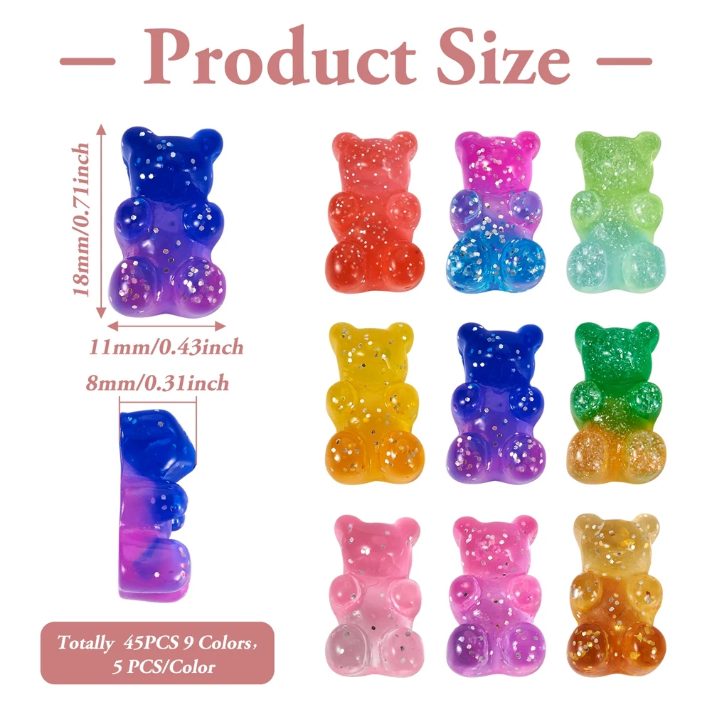 Pandahall 45Pcs 9 Colors Bear Transparent Resin Cabochons with Glitter Powder Two Tone Cabochons For Jewelry Making Gift