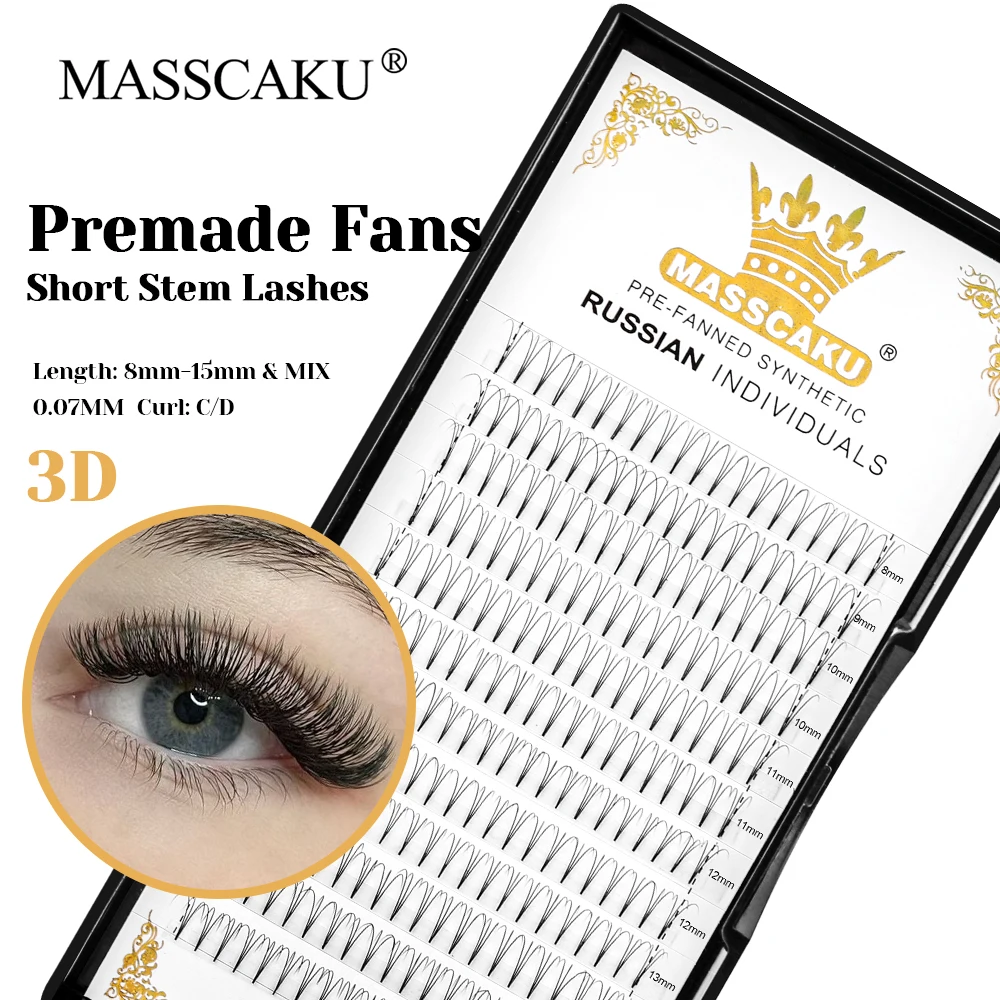 

Hot Sale MASSCAKU C D Curl Faux Mink Thin Root Short Stem Eyelash 0.07/0.10mm Handmade Premade Volume Fans Lashes Easy to Graft