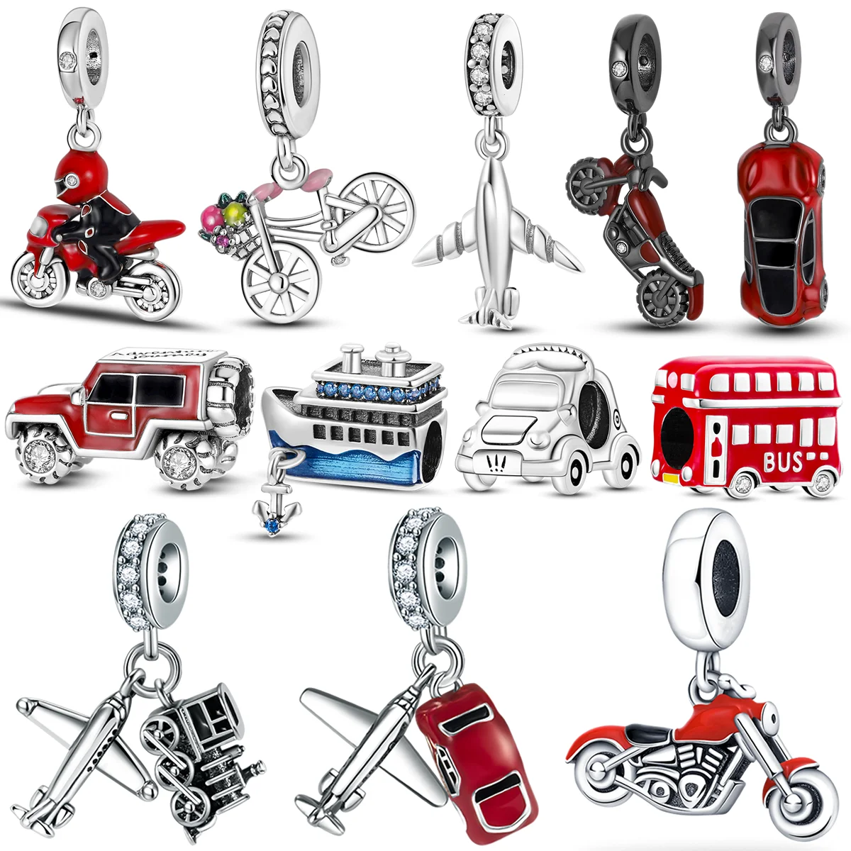 Silver Plated Travel Vehicle Charms Beads Zirconium Motorcycle Car Airplane Dangle Fit Pandora Bracelet Necklace DIY Jewelry