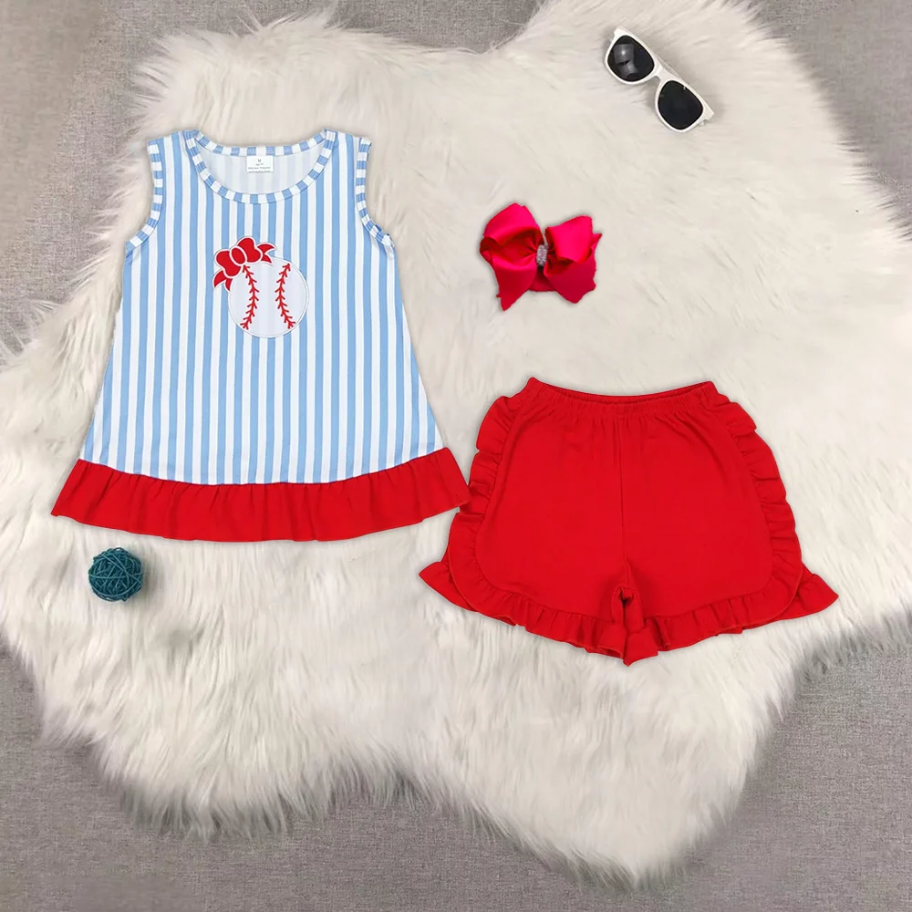 

Baby Girls Blue Stripes Baseball Tunic Ruffle Shorts Clothes Sets