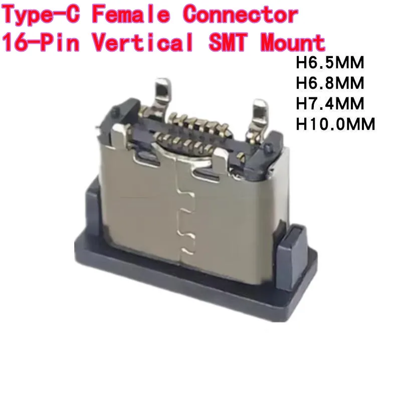 10PCS USB 2.0 Type-C Female Connector 16-Pin Vertical SMT Mount 5.5/6.4/6.5/6.8mm Height SMT on Board Power Delivery PD Charging