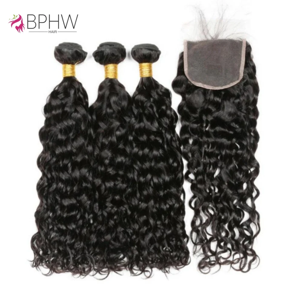 

Монгольские человеческие волосы с волной воды, 3 пучка с застежкой 4x4, пучки глубоких вьющихся волос с фронтальной застежкой, наращивание волос
