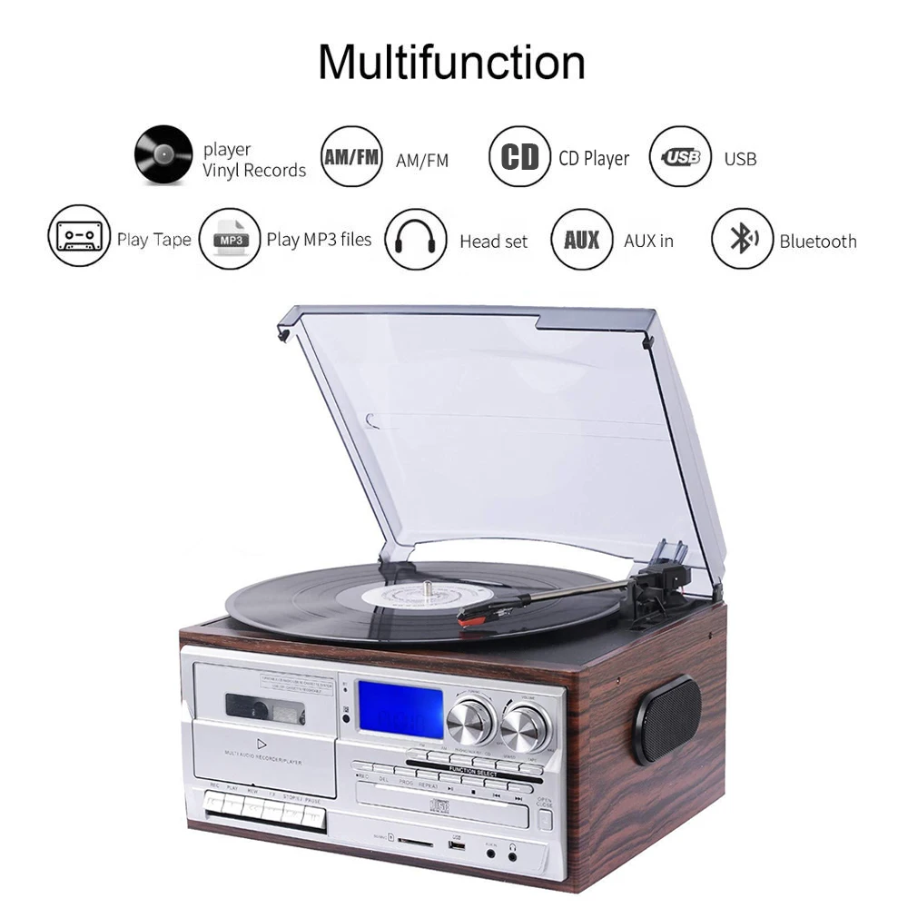 Vintage All in 1 Vinyl Turntable Player Radio AM FM Record Player 3 Speed Turntable With Built-in Speakers BT view 5