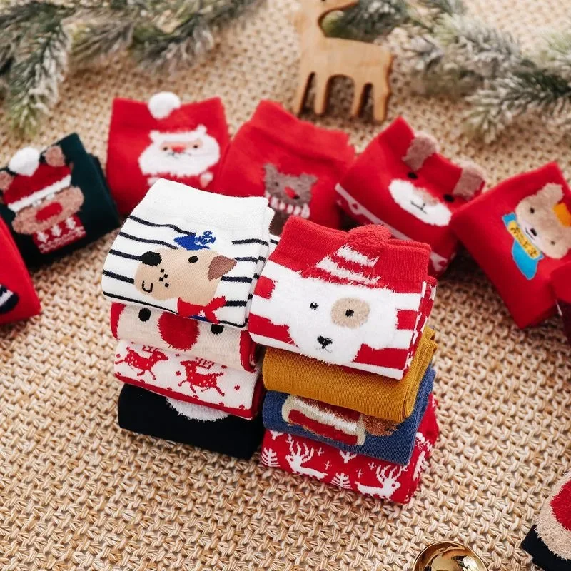 Christmas Red Socks Xmas Cartoon Santa Claus Elk Bear Socks Girls Favors Gifts Socks Merry Christmas Happy New Year 2025