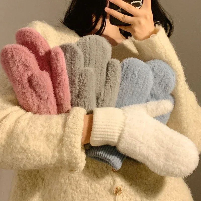 New Women Winter Keep Warm Plus Cashmere Solid Elasticity Soft Full Fingers Mittens Gloves Imitation Rabbit Fur Knitted Cute