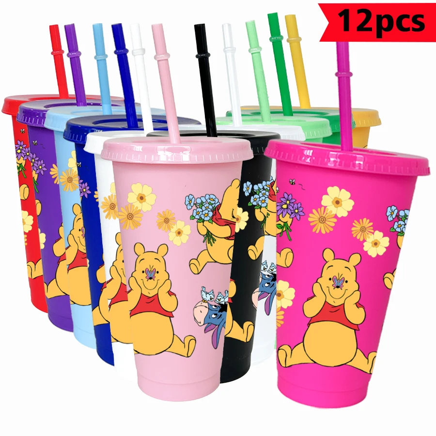 

12pcs/pack Disney,Winnie The Pooh,flowers 26oz Colorful Plastic Tumbler Birthday Party Drinking Utensils Juice Coffee Cup