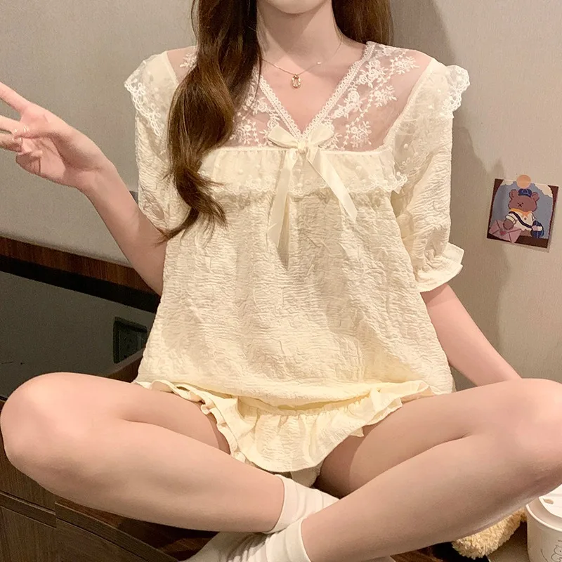 Women's Summer Pajama Set 2PCS Lace V-Neck Bow Cute French Luxury Loungewear Sweet Home Sleepwear Set Casual Comfortable Clothes