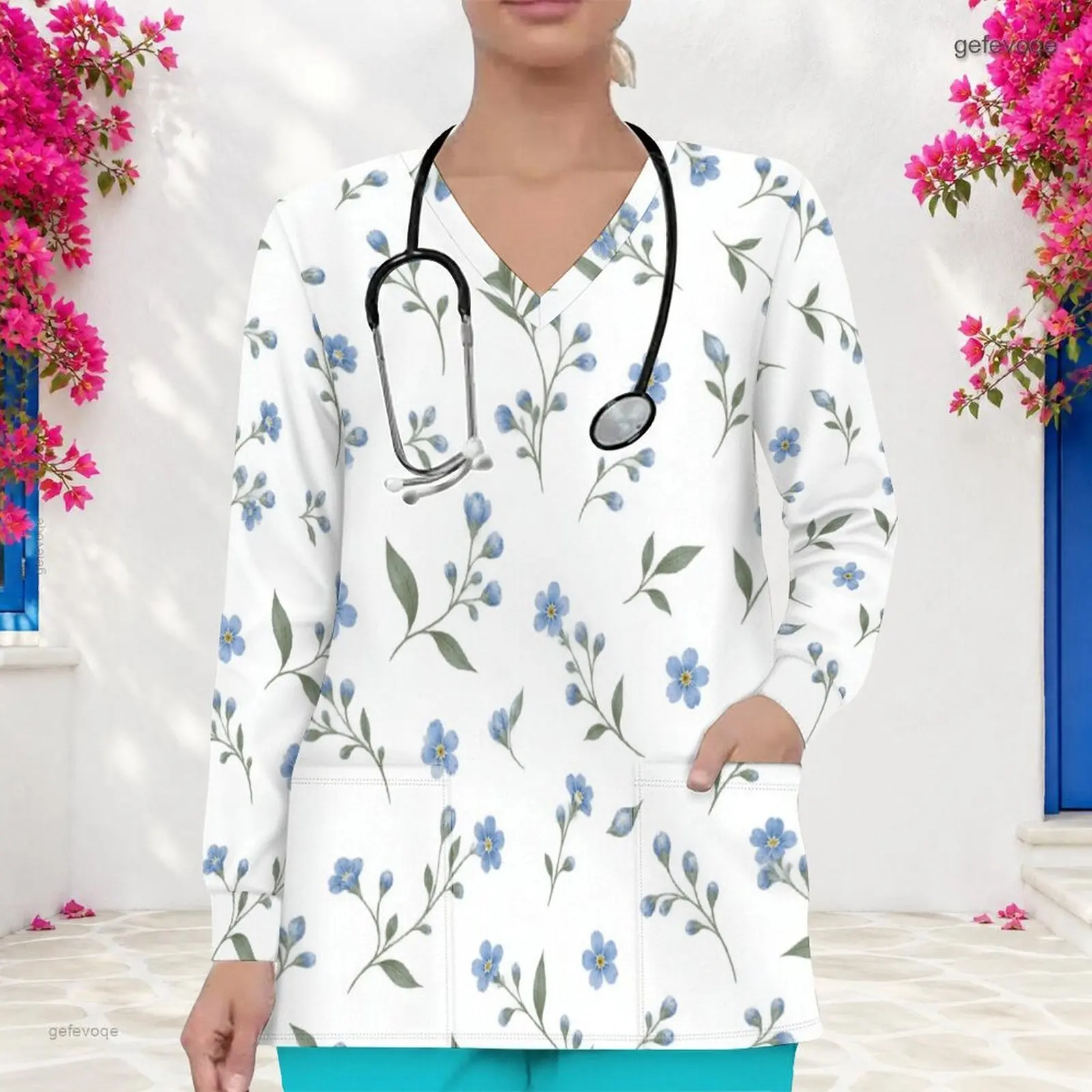 Women Blue Grey Floral Leaf Printed V Neck Long Sleeve Scrub Top with Front Pockets