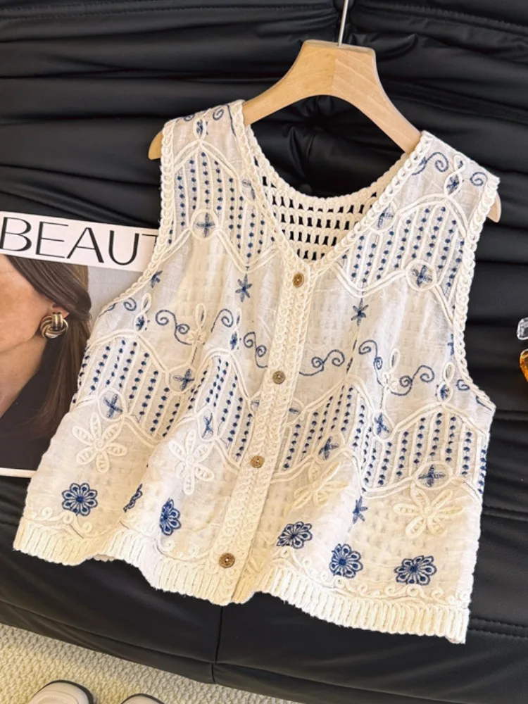 

Вязаный жилет V-Ne, женская летняя верхняя одежда, многослойный топ, вышивка, Self-Kee, корейский свободный крой