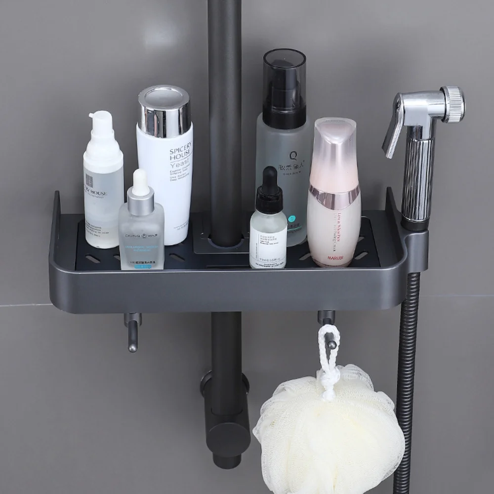 Wall Mounted Shower Shelf Hollow Drain Hole with Small Hook Punch Free Shower Storage Rack Nail Free Mounting Removable