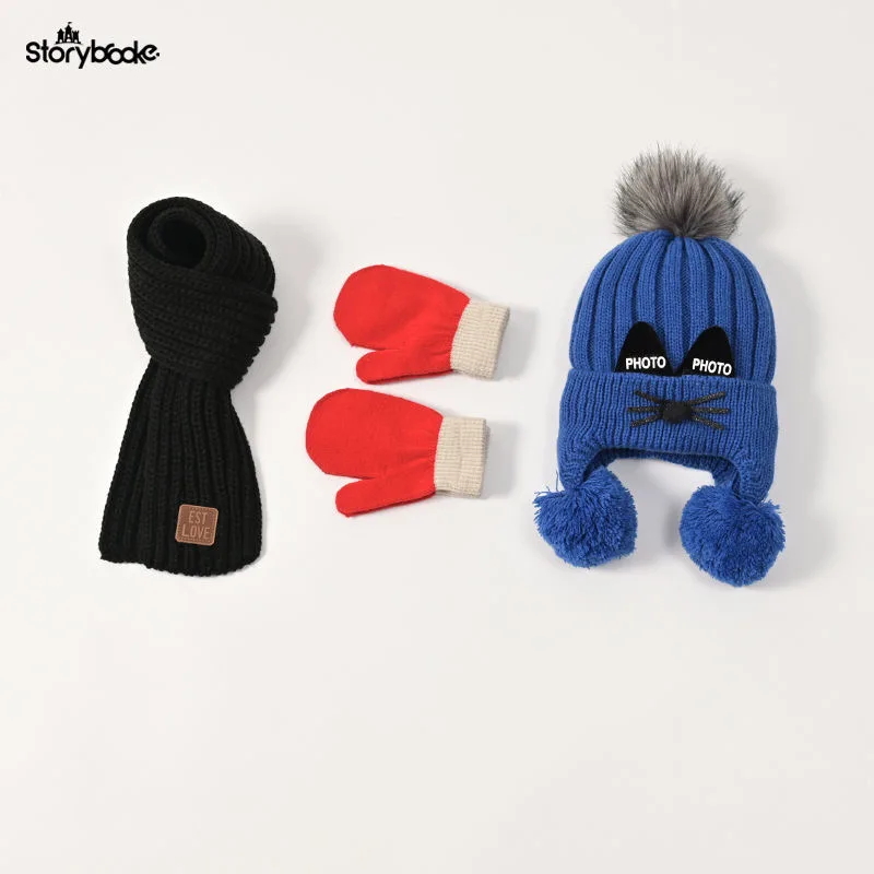 Hat scarf gloves Baby hat scarf gloves three-piece set Autumn/winter children\'s woolen hat boy/girl cartoon cat beard